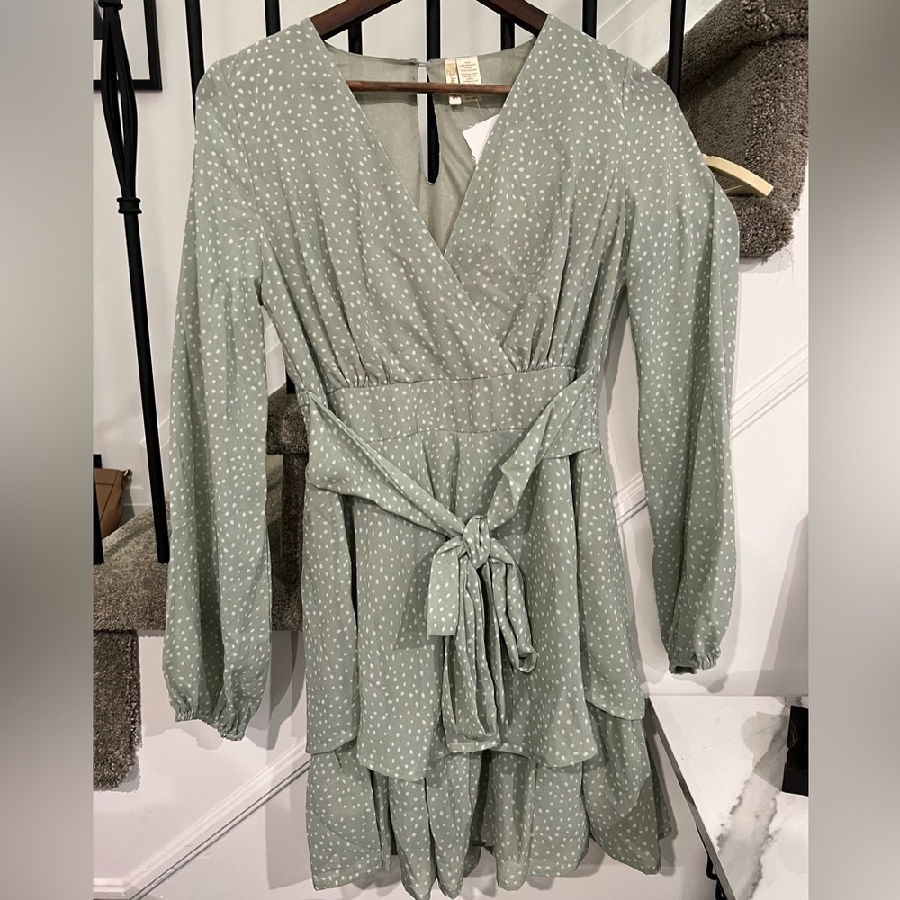 Elegant Green Polka Dot Wrap Dress